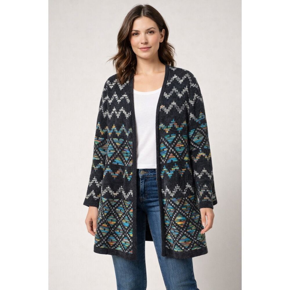 New Directions Cardigan Large Aztec Geometric Open Front Sweater NWT